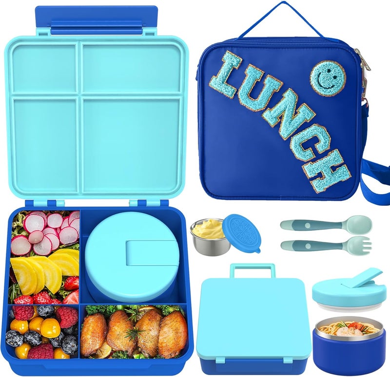 Aimsnk Kids Bento Lunch Box with 8oz Soup Thermo, Kids Leakproof Lunch Food Containers with 4 Compartment,Insulated Hot Food Jar with Lunch Bag for School, Travel (Blue) - Image 1